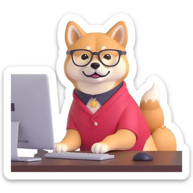 shiba inu with eye glasses and computer sticker