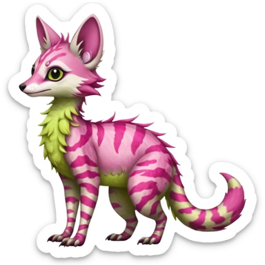 Feral Rare Fantasy   vivid tropical mango-lime-pink splash-patterned silky fur Vernid-Sergal-Genet-Trico-species by LiLaiRa, random markings, tufted tail, tufted ears, full body sticker