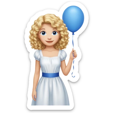 Woman curly long blonde with blue balloon, white dress sticker