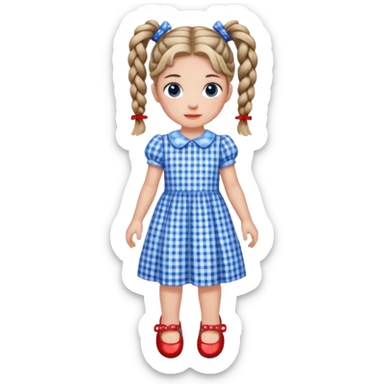 Girl with braided pig tails, blue gingham dress, red sparkly shoes sticker