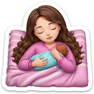 girl brunette inside a blanket sleeping  eyes closed with long  brown wavy hair and pink pjs sticker