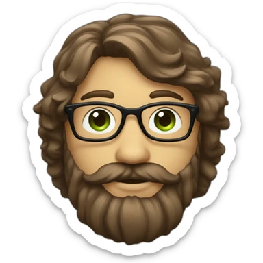 Une visage d’un homme cheveux mi-long un peu ondulée de couleur brun, avec des yeux vert, une barbe bien taillé pas grosses et des lunettes assez fines  sticker