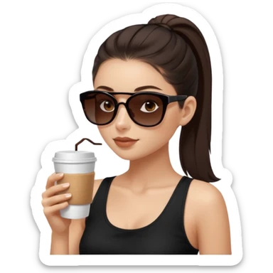 generate a pretty fair bratz girl with dark brown eyes, dark brown eyes tied into a slick back ponytail, thin brown sunglasses. Wearing a black cami top and drinking coffee, high cheekbones sticker