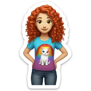 white girl with long red curly hair, wearing a rainbow cat shirt doing a pose sticker