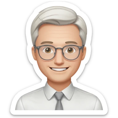 30 yr old pale white man, white/grey side swept stylish hair, round glasses, big smile, white teeth, handsome, longer hair, thin glasses, white dress shirt, smooth forehead, botox, no tie, open collar sticker