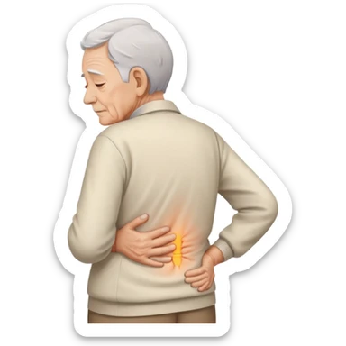 elderly person with a worried face, one hand on their back, pain lines sticker