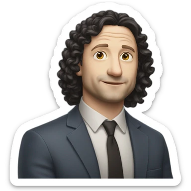 tim robinson face but his hair is shoulder length curly black hair, wide triangular shape sticker
