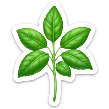 Cinematic Realistic Basil Emoji, Lush and fragrant, with vibrant green leaves that release a fresh, herbal aroma. The soft, glossy leaves are delicately arranged along slender stems, exuding vitality and flavor. Soft glowing outline, capturing the essence of freshness, growth, and aromatic delight in a blossoming basil plant! sticker