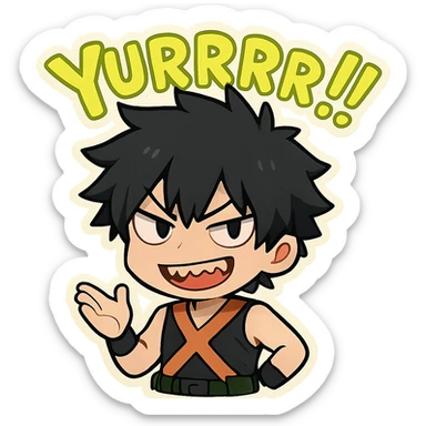 Create a chibi style illustration of Bakugou Katsuki with black hair and a mischievous toothy grin. Include the word 'Yurrrr!!' in neon lime green text above him, vibrant and playful in style. sticker