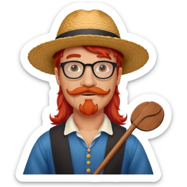 venice gondolier with long red hair, iconic hat, normal glassess and mustache sticker
