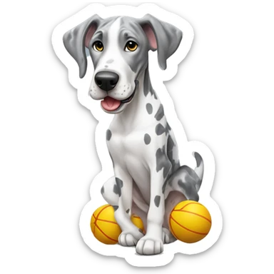 Gray and white harlequin Great Dane playing with toy sticker
