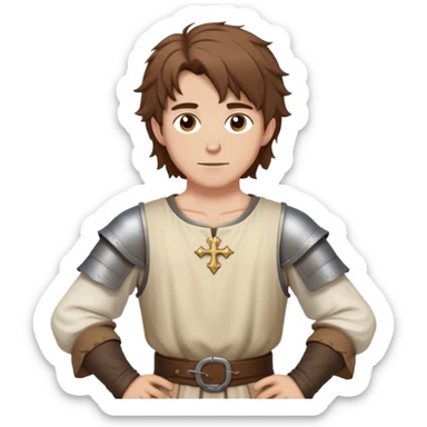 medieval outfit worn by a DnD themed fantasy character. basic low level clothes. clothes only above the waist. The clothes full waist. The character's haven't arms. character is brown hair brown eyes messy hair white man. sticker