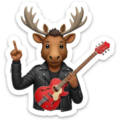 A man with a moose head in alaska pointing a red guitar directly up in the air. Make the graphics gritty and realistic like the moose man is a villian in a high budget batman movie. It needs to be 100 times more dark themed and realistic. Like your batman characters  sticker
