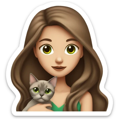 Girl with long brown hair and green eyes holding a Siamese cat  sticker