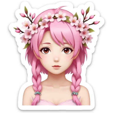 A Gorgeous Beautiful Anime Lady with a Sakura Cherry Blossom Headdress and Pretty Hair, pastelcore aesthetic  sticker