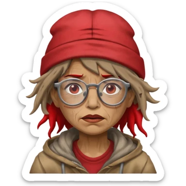 very dirty looking homeless woman with ripped red hat with ugly hair and glassess sticker