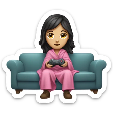 White girl with dark hair wrapped up in a blanket sitting on a couch with a pink gaming controller in her hands sticker