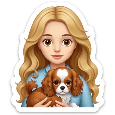 Girl with fair skin, long and brunette wavy hair with blonde highlights, holding a cavalier king dog sticker