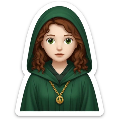 A white woman, a little heavier face, with long dark auburn hair robed and hooded like she's a Traitor in the tv show The Traitors. her hair is slightly curly, but kinda frizzy, not with defined curls, and the robe is a very dark green color sticker