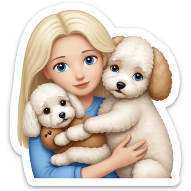 Blonde blue-eyed long-haired mother hugs two dogs-a Bichon Frise and a Teddy sticker