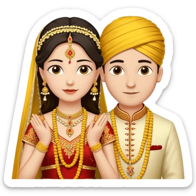 
A yellow sacred thread with two small gold pendants being tied around a bride's neck. The groom's hands are tying the knot while traditional Indian wedding elements like flowers and decorative details are visible in the background. Warm, ceremonial aesthetic. sticker