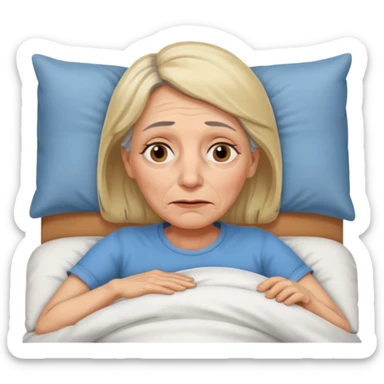 A 55-year-old woman lying in bed. She looks exhausted and desperate, with visible dark circles under her eyes, tired facial expression. sticker