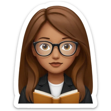 A girl with long brown hair and The leopards reading glasses and black jacket  sticker