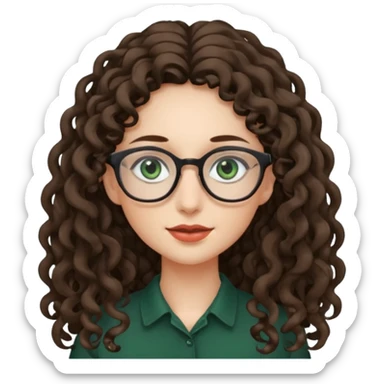 rapariga, olhos verdes escuros, cara comprida, cabelos muito compridos aos caracóis, com óculos sticker