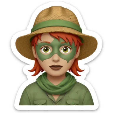 messy green full face clay mask and tourist hat red hair  sticker