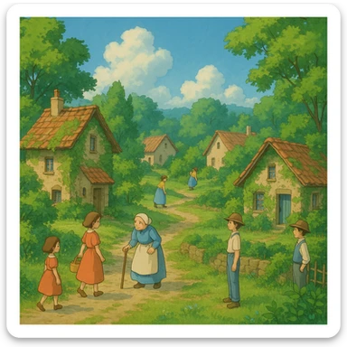 ghibli style peaceful village scene with lush greenery, villagers, and cozy homes sticker