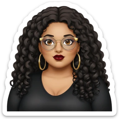 big plus size, latina, darker tan skin, gold hoops, long black curly hair, baddie,pretty, makeup, dark red lipgloss, black eyeliner, long hair, black shirt, black glasses sticker