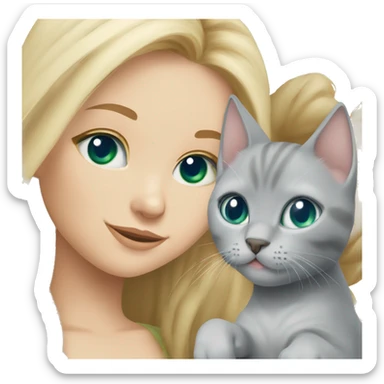 blue eyes grey kitten and green eyes blonde girl are friends sticker
