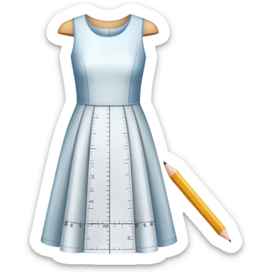 Icon for Fashion Design: a dress pattern with measurements, a ruler, and a pencil. The icon should represent the process of designing clothing with a focus on precision and tailoring. Transparent background. sticker
