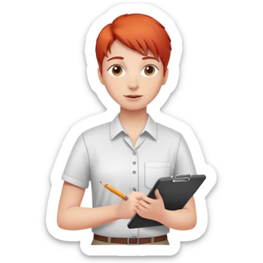 Intern or volunteer with red hair holding a clipboard and pencil, ready to take notes or assist. The character wears a simple shirt and has an eager posture sticker