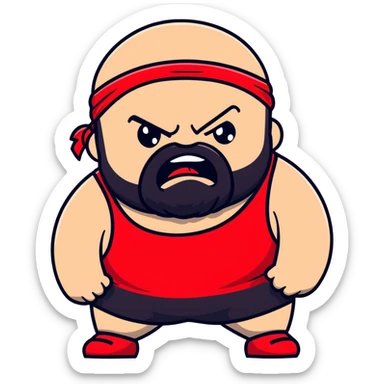White skin fat guy with black durag, black beard, black eyes in a red and black wrestling singlet with angry face sticker