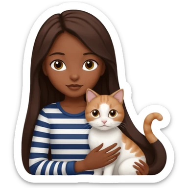 a dark-skinned girl with long brown hair, big brown eyes and a Scottish white cat with black stripes in her hands sticker