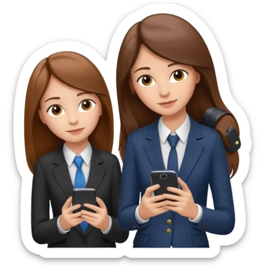 two brown haired girls, looking professional maybe leaned on each others back and looking forward and using phones, with long hair and one girl can hold lap top another one can hold the phone, professional clothes sticker