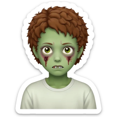  green teen zombie with  brown short curly hair and brown eyes wearing a white sweat sticker