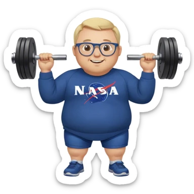 happy chubby man, lifts weights,  blond short and hight receding hairline, wearing a dark blue sweatshirt, nasa logo on the sweatshirt, round glasses without frame, 40 years old sticker