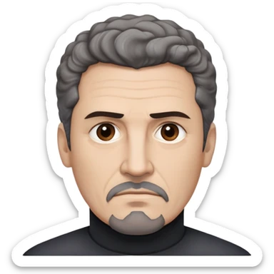 Man in his 50s with light brown complexion. Strong square jaw. Stern dark eyes with intense gaze. Thick eyebrows in a focused expression. Black goatee with gray streaks. Short curly dark hair with receding hairline. No smile, authoritative look. Wearing a black turtleneck. sticker