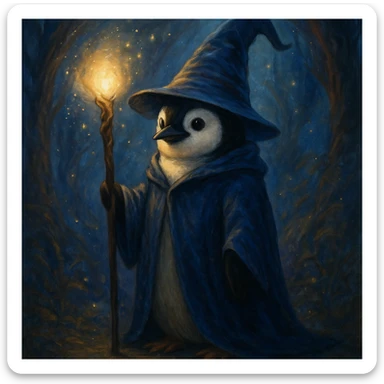 a penguin dressed as a wizard, wearing a pointed hat and holding a magic staff, in a magical setting sticker