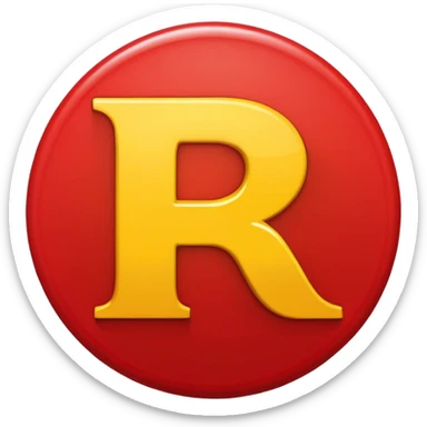 Círculo vermelho com a letra R estilizada em amarelo dentro sticker