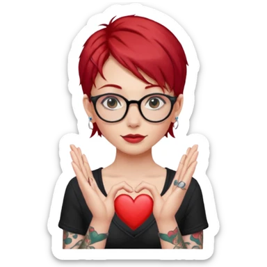 Beautiful girl, with glasses, red hair, tall, slim, with tattoos and small piercing, showing heart with hands sticker