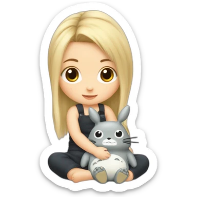 bébé fille blonde décoiffée assise avec une peluche Totoro  sticker