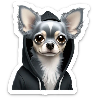 Realistic blue grey long hair chihuahua dog in a black hoody sticker