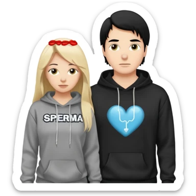 I want it to be this emote 🙍‍♂️
of a white guy with black hair and a black sweatshirt with the word "sperma" written in white in the middle. Behind him, there's a pretty blonde with long hair, pulling the string on the first person's hoodie. The girl is wearing a gray sweatshirt. sticker