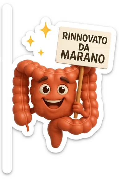 fammi un intestino identico a questo, ma felice e con le scintille di splendore dorate sopra, si sta rinnovando come se fosse in ottima salute, in mano ha un cartello con la scritta "RINNOVATO DA MARANO" sticker