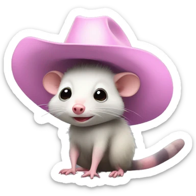 Opossum wearing a pink cowboy hat, animated looking sticker