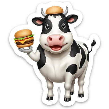 Cow standing up eating a burger joyfully sticker