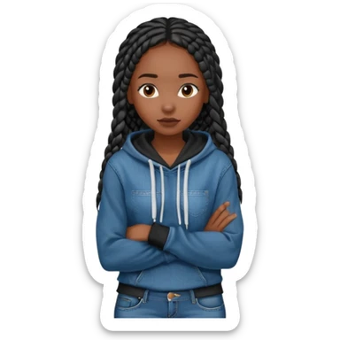 African American dark skin girl with long black box braids wearing plain black hoodie with denim skinny jeans with arms folded across chest sticker
